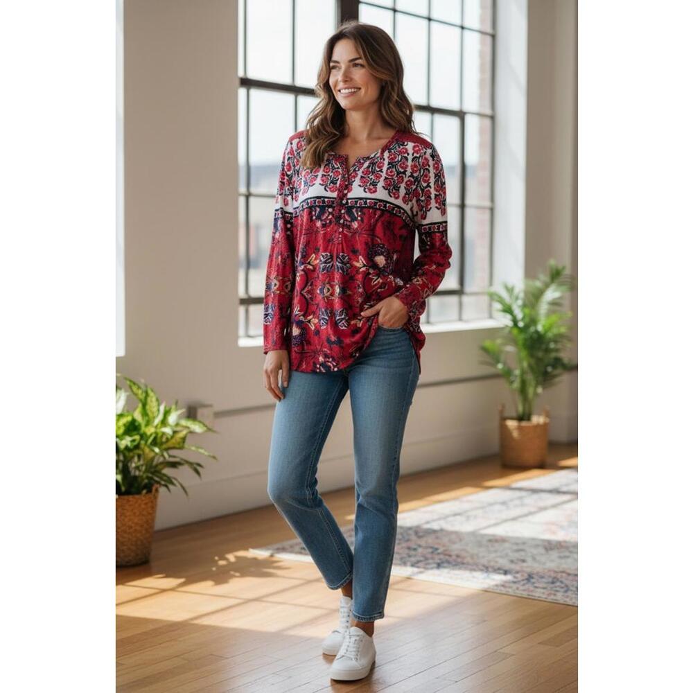Lucky Brand Women's Printed Long Sleeve Henley‎ Top Size S